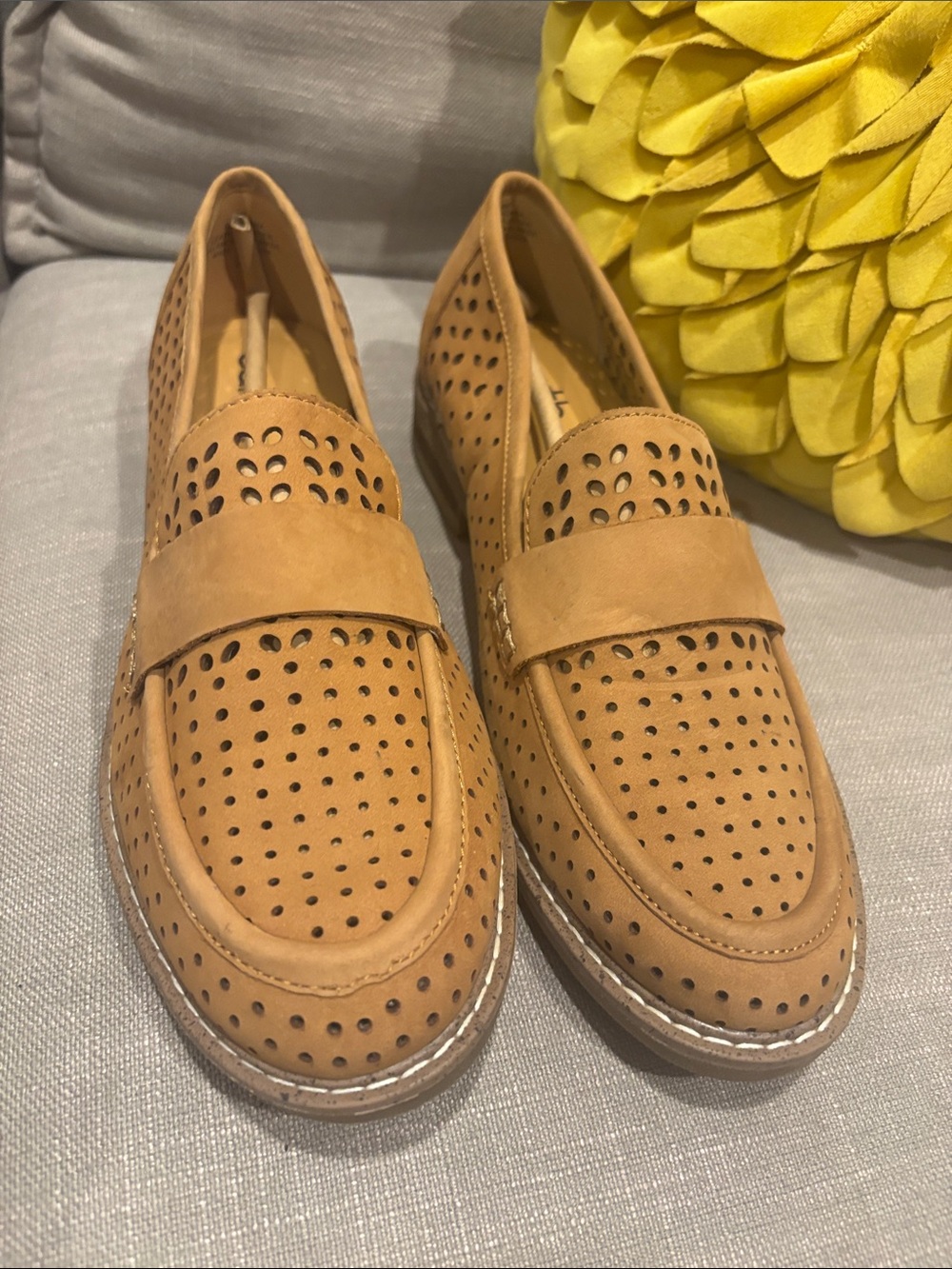 Woman Tan Perforated Loafers - Casual Slip-On